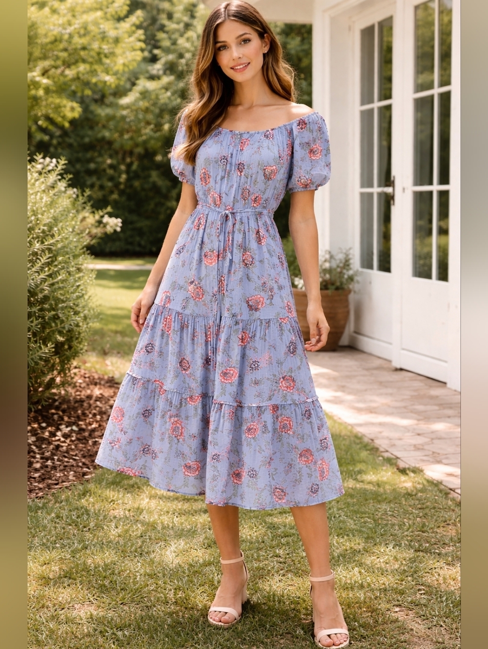 NEW LOFT Light Blue Romantic Floral Boho Chic Tiered Midi Dress Size Large